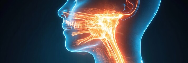 Poster - Detailed view of human neck anatomy showcasing muscles and nerves illuminated in vibrant colors. Generative AI