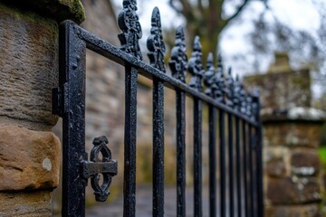 Sticker - Close-up shot of a metal fence with a stone wall in the background