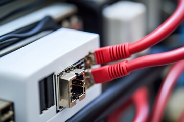Poster - Couple of red cables connected to a computer, suitable for illustration about technology or data transfer