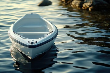 Poster - A small white boat floats peacefully on the surface of a calm body of water