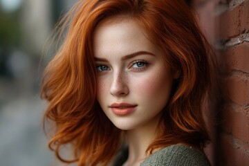 Poster - A woman with bright red hair leans against a brick wall, looking relaxed