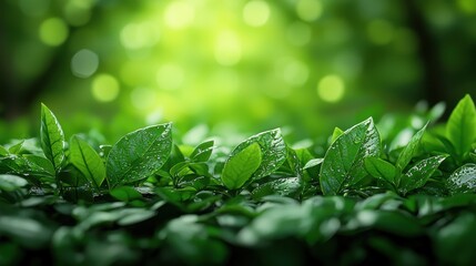 Wall Mural - fresh green leaves with droplets glisten under soft light in a lush forest
