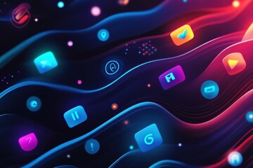 Aufkleber - Colorful digital icons flowing through a vibrant abstract background with neon waves. Generative AI