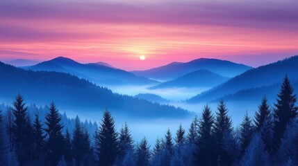 Wall Mural - misty mountain landscape at dawn with vibrant sunrise illuminating the sky