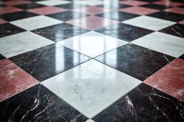 Poster - A classic checkered floor design with bold red accents, perfect for use in interior design or fashion photography