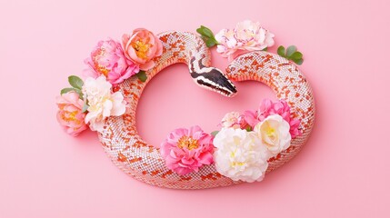 Canvas Print - Snake Surrounded by Beautiful Flowers on Pink Background