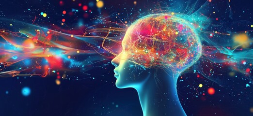Poster - Vibrant abstract representation of human brain with colorful neural connections and energy, copy space for text