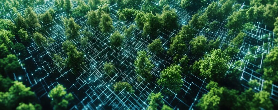 Digital forest landscape with glowing grid lines and lush green trees, copy space for text