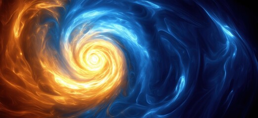 Poster - Swirling cosmic vortex of blue and orange hues in abstract space art, copy space for text