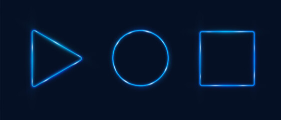 Poster - Neon bright blue triangle round square frame with shimmering effects on black background