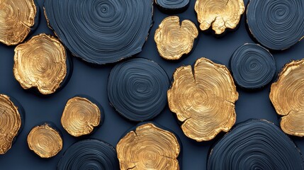 Wall Mural - Artistic Display of Wood Circles with Golden Accents on Dark Surface