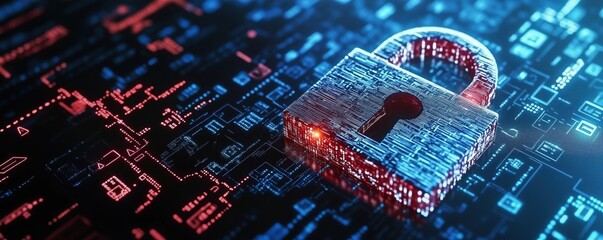 Fototapete - Digital padlock symbolizing cybersecurity and data protection on a tech background, copy space for text