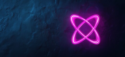 Poster - neon pink atomic symbol glowing against dark textured background, copy space for text