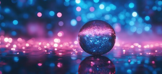 Poster - Glowing crystal sphere reflecting vibrant pink and blue bokeh lights in a dreamy setting, copy space for text
