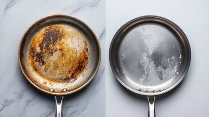 Poster - Cooking pan before and after cleaning process demonstrating effective methods in kitchen renovation. Generative AI