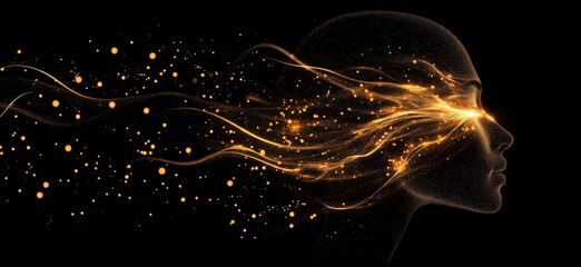Poster - Abstract representation of human consciousness with golden particles and flowing energy, copy space for text