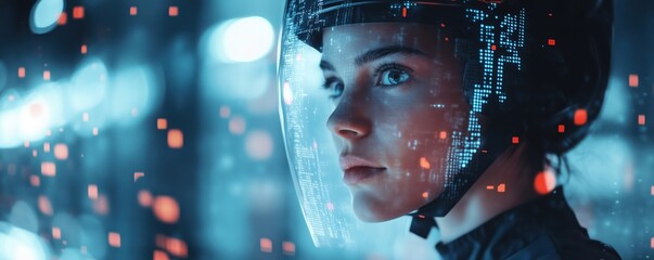 Poster - Futuristic female athlete in high-tech helmet with digital interface background, copy space for text