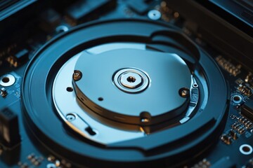 Poster - A close-up view of a hard drive on a motherboard, suitable for use in technology-related contexts such as computer hardware or electronics tutorials
