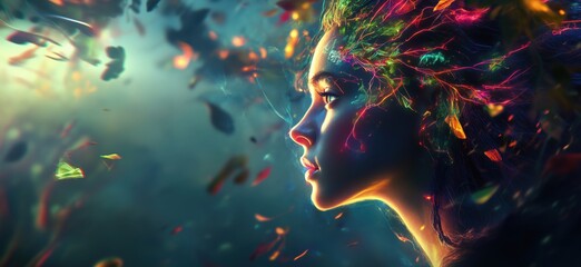Poster - Surreal portrait of a woman with colorful, vibrant hair and ethereal background, copy space for text