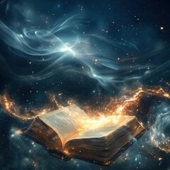 Poster - Magical open book emitting stardust and cosmic energy in a mystical space setting, copy space for text