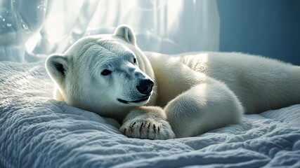Wall Mural - Polar bear on bed. Room with a white bed and a white bear. Rays of light through the window. A polar bear lying lifestyle on a mattress.
