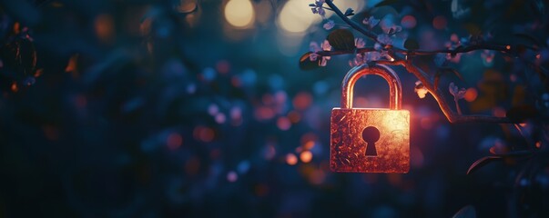 Poster - Illuminated padlock hanging on branch surrounded by soft glowing flowers at night, copy space for text