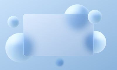 Poster - abstract background. translucent glass partition with floating blue spheres on light gradient backgr