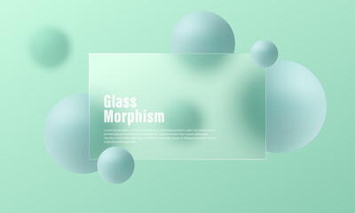 Poster - transparent glass partition with floating mint colored spheres on light gradient background. abstrac
