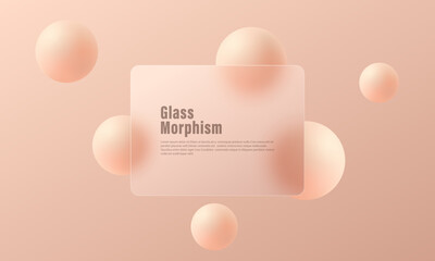Poster - website landing page in glass morphism style. semi-transparent presentation panel with floating sphe