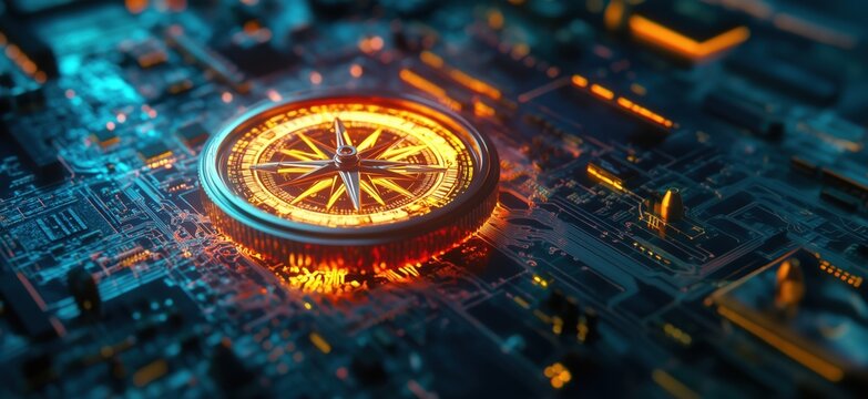 Digital compass on circuit board representing technology and navigation, copy space for text