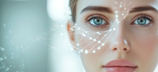 Poster - Digital facial analysis with neural network visualization on young woman's face, copy space for text