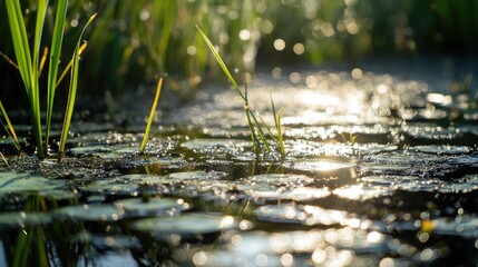 Poster - A close-up shot of the edge of a body of water surrounded by lush green grass