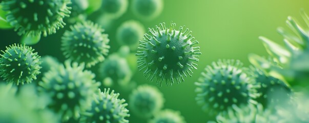 Poster - Microscopic view of green viruses in a vibrant environment showcasing cellular structure, copy space for text