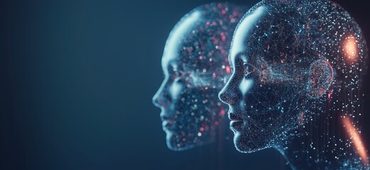 Poster - Digital human faces with glowing neural networks and data connections, copy space for text