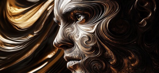 Poster - Intricate metallic face sculpture with swirling patterns and expressive features, copy space for text