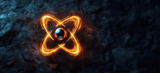 Poster - Glowing atomic symbol with blue nucleus and orange electron orbits on dark textured background, copy space for text