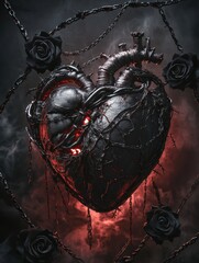 Aufkleber - Dark heart surrounded by black roses and chains in a moody atmosphere with red lighting. Generative AI