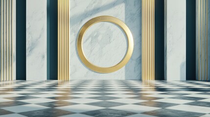 Poster - Elegant Interior Design with Golden Circular Frame and Checkered Floor