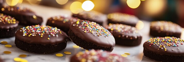 Aufkleber - Delicious chocolate cookies covered in colorful sprinkles perfect for festive occasions. Generative AI