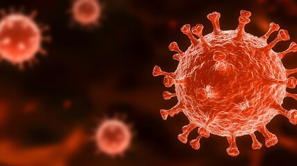 Poster - Microscopic 3D view showcasing the detailed structure of red virus particles covered in spike like protein formations floating in a fluid environment with a semi translucent