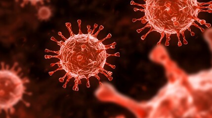 Poster - An digital showcasing floating viral particles with intricate red spike proteins rendered in a fluid glowing biological space