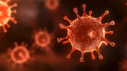 Aufkleber - Highly detailed 3D rendering of red colored virus particles with spiky surface proteins drifting in a biological medium  The viral cells emit a deep red glow