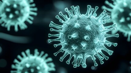 Poster - Detailed scientific visualization of green coronavirus viral particles with distinct surface spikes floating in a microscopic biological medium  The viral structures appear in various shades of green