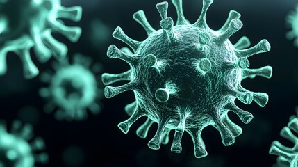 Poster - Detailed 3D microscopic visualization of green virus particles with distinct surface spikes floating in a biological medium  The viral structures appear in various shades of green