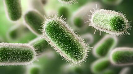 Aufkleber - Captivating 3D close up visualization of green bacterial colonies in fluid motion featuring elongated cell bodies with visible cilia and natural surface textures