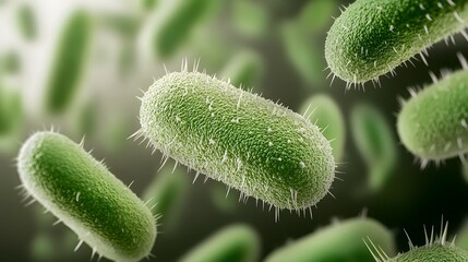 Poster - Captivating 3D close up visualization of a lush green bacterial colony in fluid motion showcasing the intricate details of the elongated cell bodies visible cilia and textured surfaces