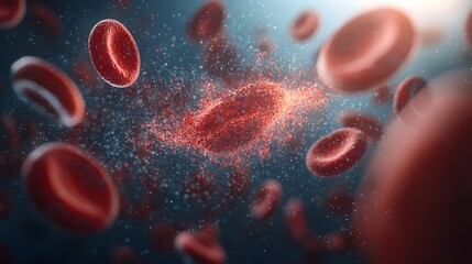 Fototapete - Microscopic 3D rendering showcasing the dynamic movement and flexible membrane structure of red blood cells as they flow through the circulatory system