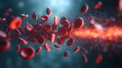 Poster - Scientific Depiction of Rapidly Flowing Red Blood Cells Circulating Through a Vascular Pathway Illuminated by Warm Diffused Light with Slight Motion Blur Effect