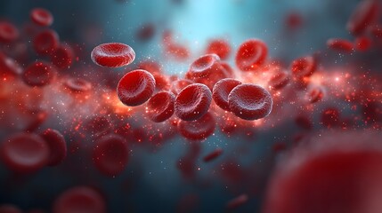 Fototapete - Captivating 3D close up rendering of red blood cells drifting through a fluid organic bloodstream with gentle light reflections