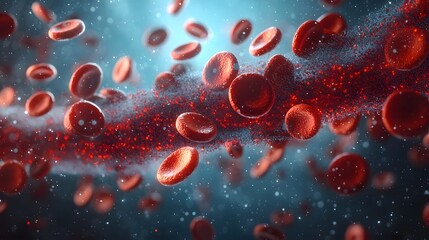 Poster - Vibrant 3D rendering showcasing the fluid organic motion of red blood cells as they drift through a plasma filled background